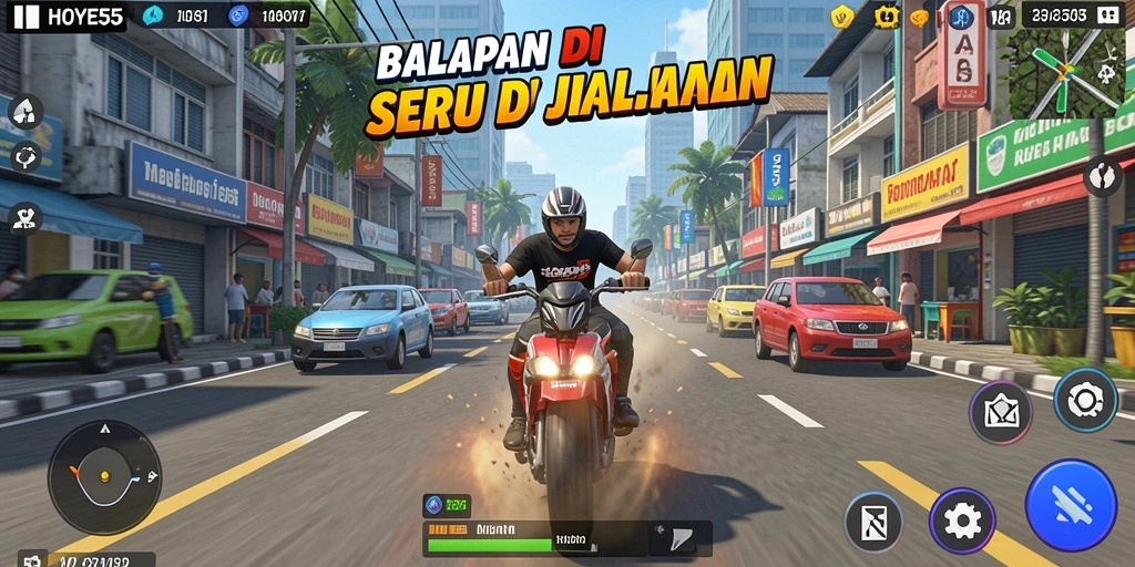 Screenshot gameplay HOYE55 menampilkan aksi balapan yang cepat dan intens.