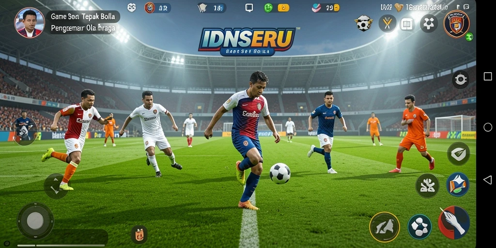 Screenshot gameplay menampilkan aksi seru di lapangan sepak bola.
